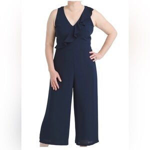Adrianna Papell Navy V-Neck Ruffle Wide-Leg Jumpsuit size 8